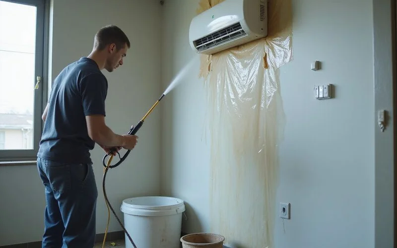 A technician cleaning an aircon indoor unit coil during a chemical wash service in a Singapore home