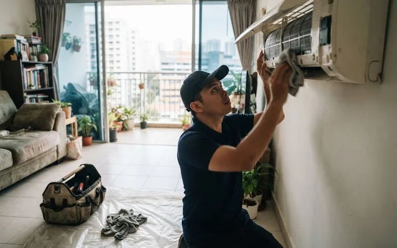 A close-up of a wall-mounted split air conditioning unit being serviced by a technician in a Singapore HDB flat