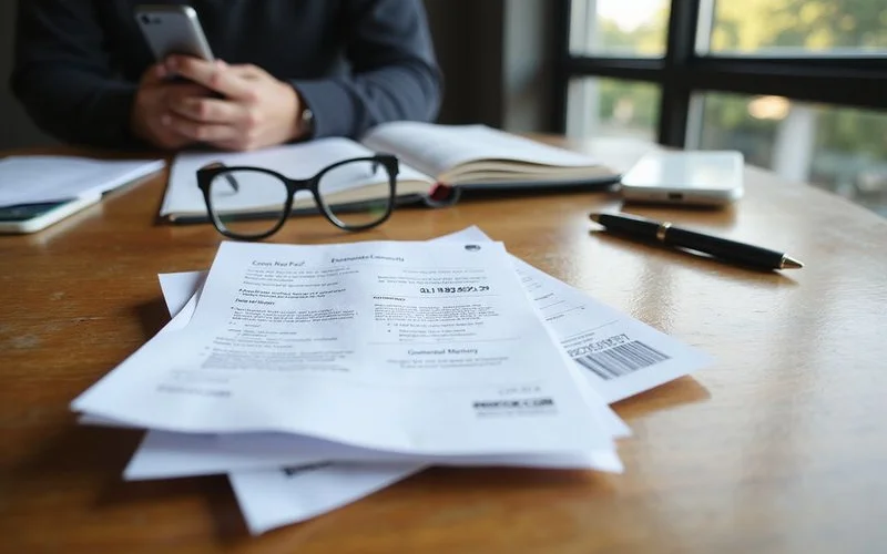 A homeowner reviewing an aircon warranty card and servicing receipts kept together as proof of maintenance