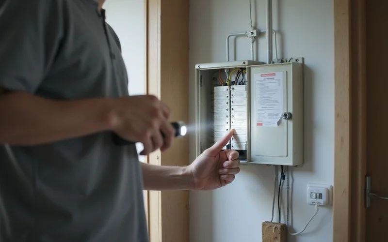 A homeowner checking a home electrical breaker panel after an aircon unit trips the power at night