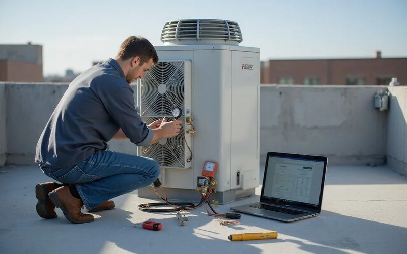 A technician servicing a large commercial VRV air conditioning system on a rooftop in Singapore