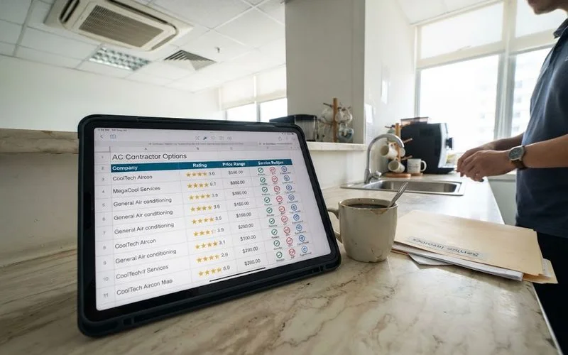 A directory webpage on a laptop screen showing a ranked list of air conditioning contractor businesses with star ratings