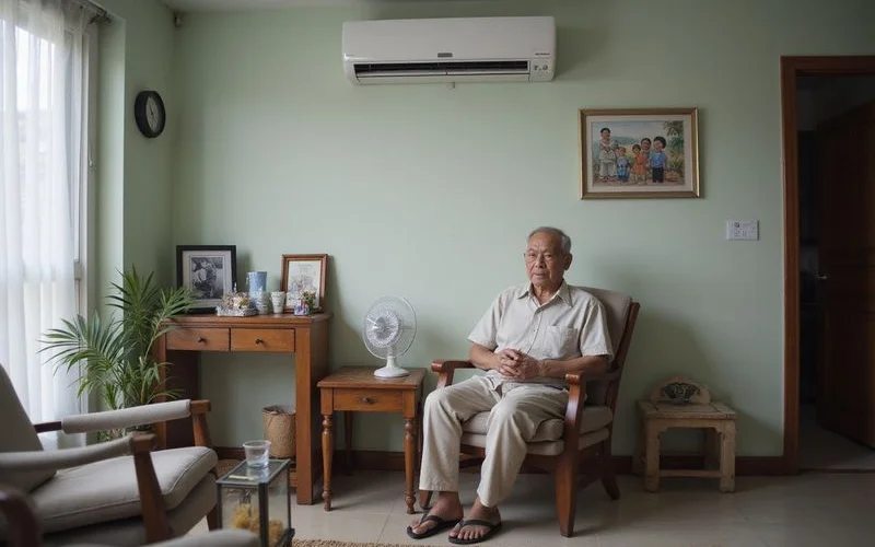 An elderly person resting comfortably in an air-conditioned living room in Singapore