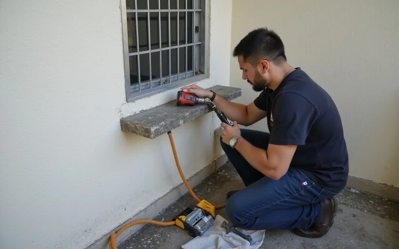 An outdoor aircon condenser unit mounted on an approved ledge bracket outside an HDB flat in Singapore