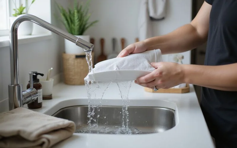 A person removing and rinsing a washable aircon filter at home, one of the tasks safe to do without a professional