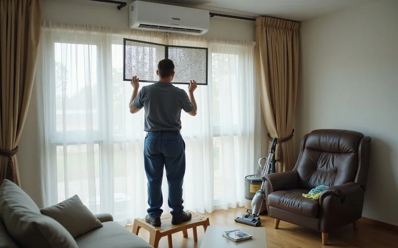 A technician inspecting an aircon indoor unit filter during a routine servicing visit in Singapore