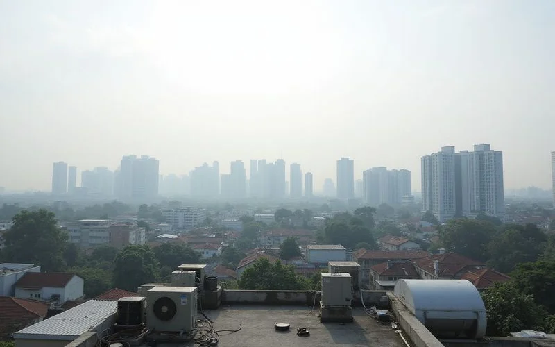 A haze-affected skyline over Singapore with an aircon outdoor unit in the foreground