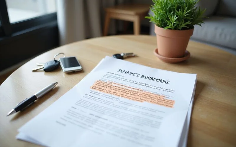 A tenancy agreement document on a table next to an aircon remote control, representing servicing responsibility discussions between landlord and tenant